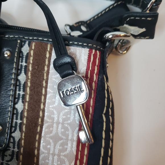 Fossil elegant striped patchwork crossbody shoulder bag purse w/ key charm - Picture 3 of 8